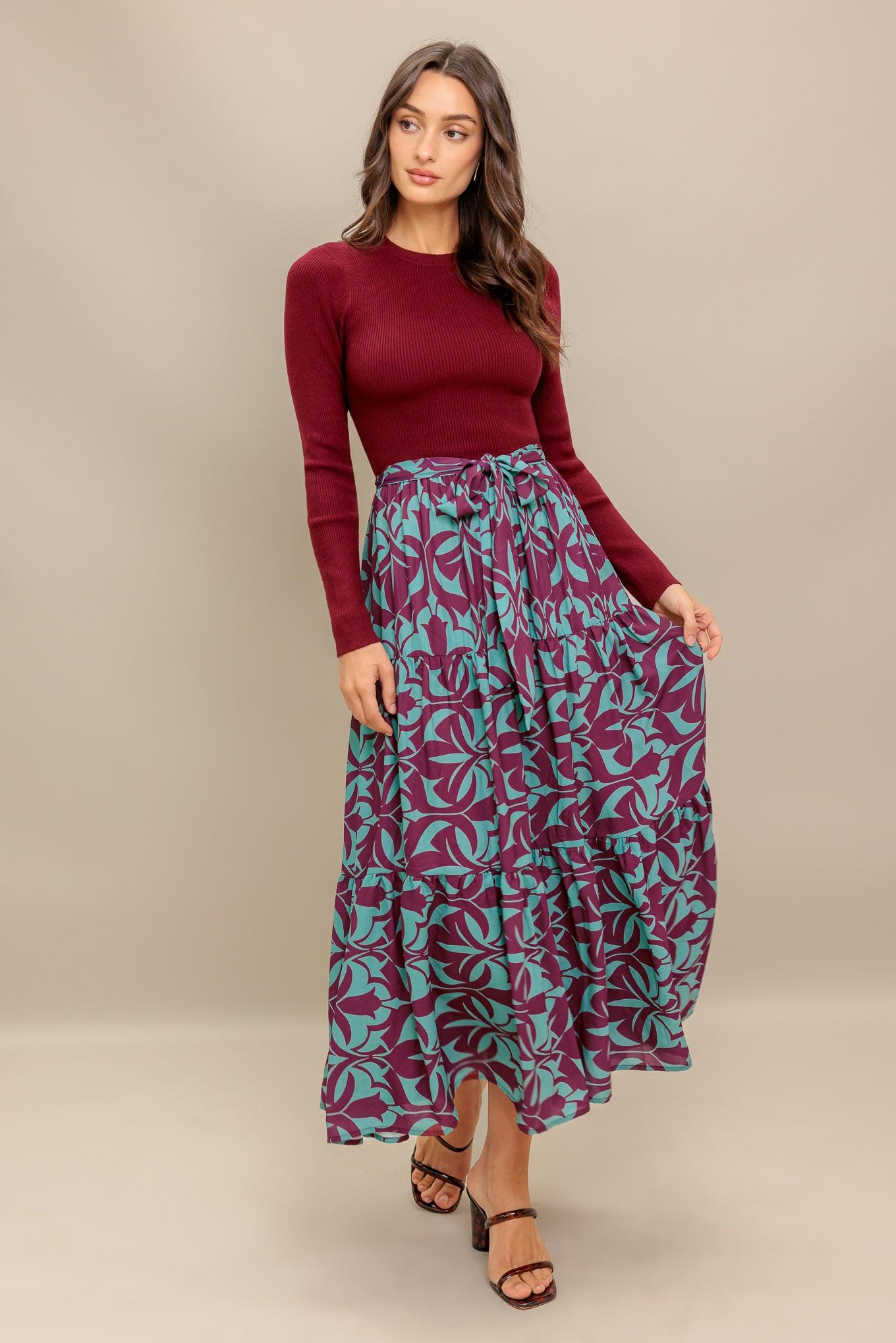 Sangria Bloom Woven Midi Dress in burgundy, view 4 — Soul Flow Apparel