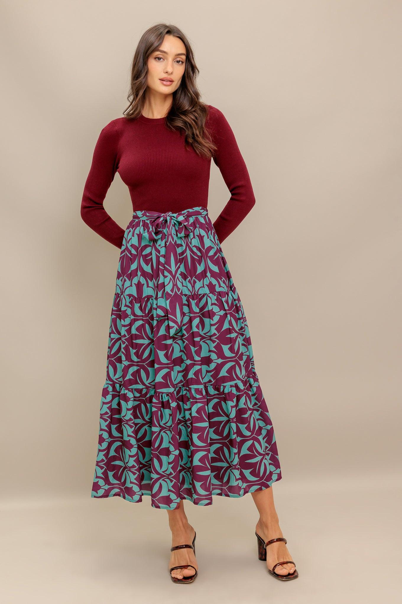 Sangria Bloom Woven Midi Dress in burgundy, view 6 — Soul Flow Apparel