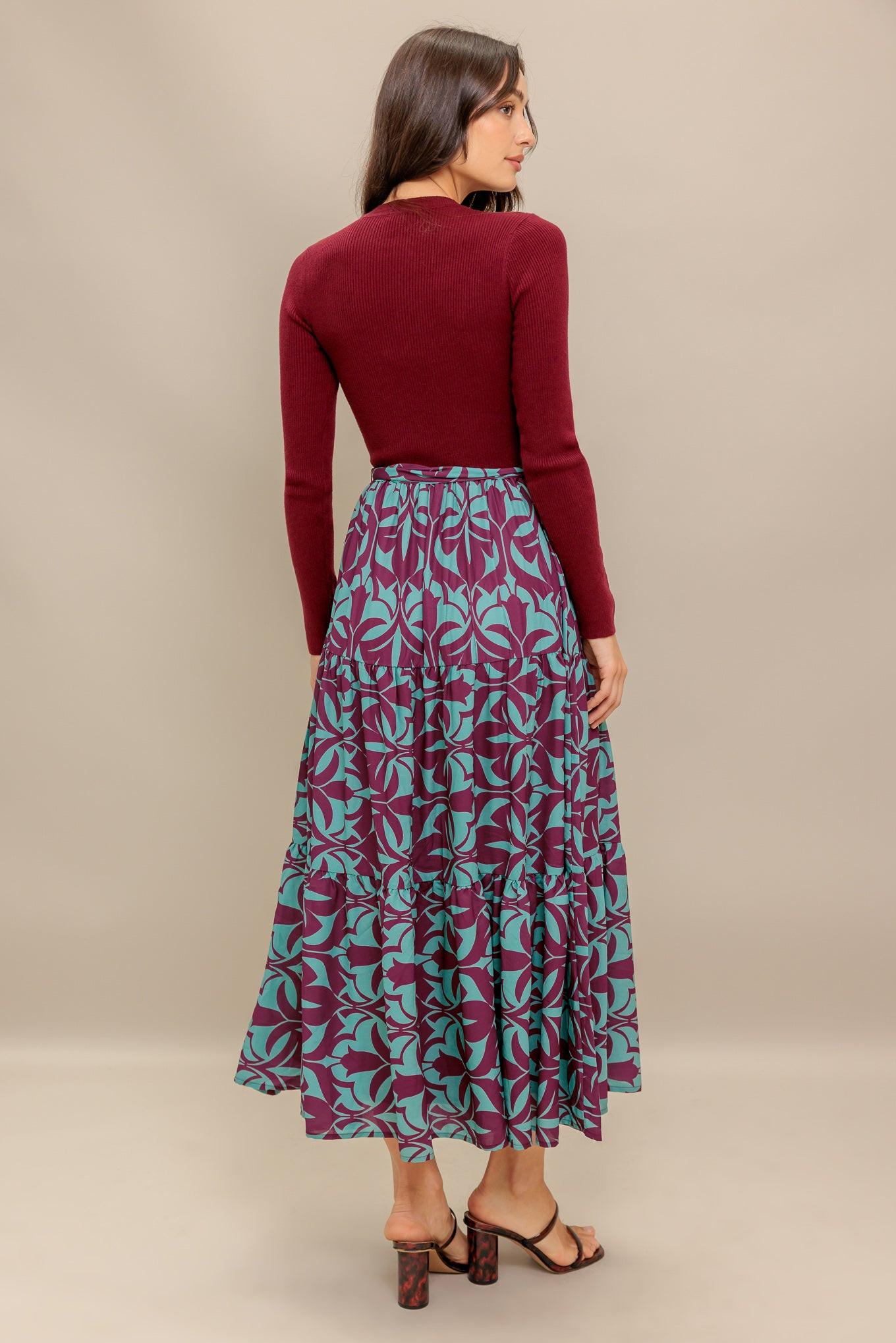 Sangria Bloom Woven Midi Dress in burgundy, view 7 — Soul Flow Apparel