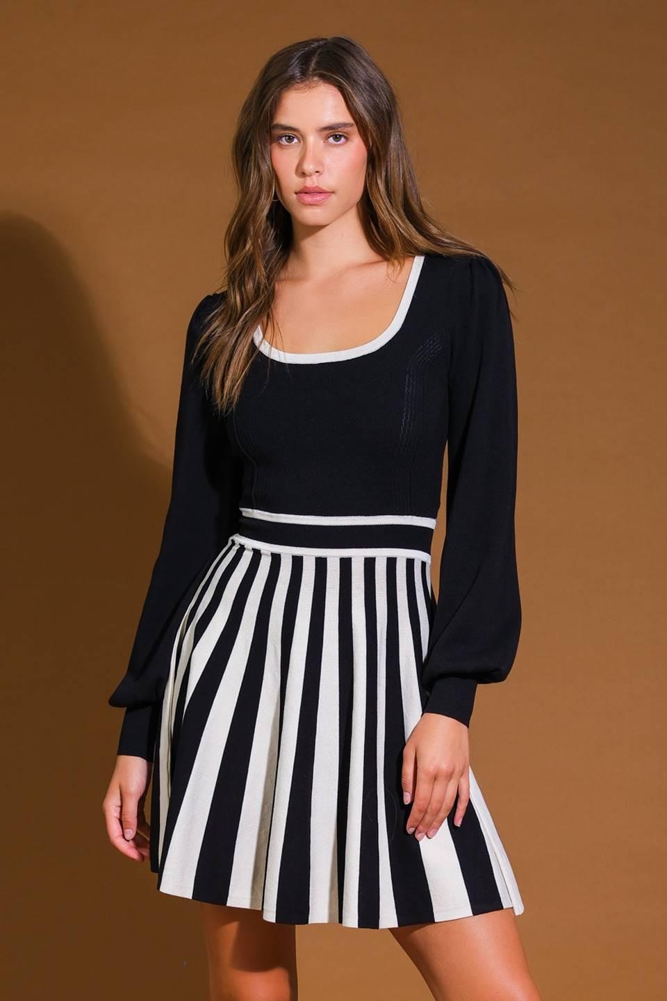 Soft Attitude Woven Mini Dress in black white, view 1 — Soul Flow Apparel
