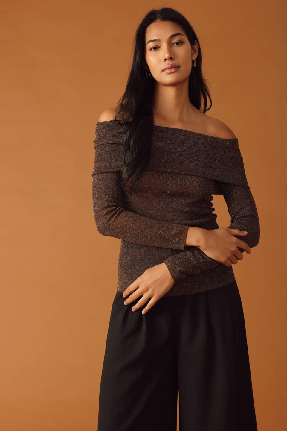 Honey Bee Sweater Top in brown metallic, view 2 — Soul Flow Apparel