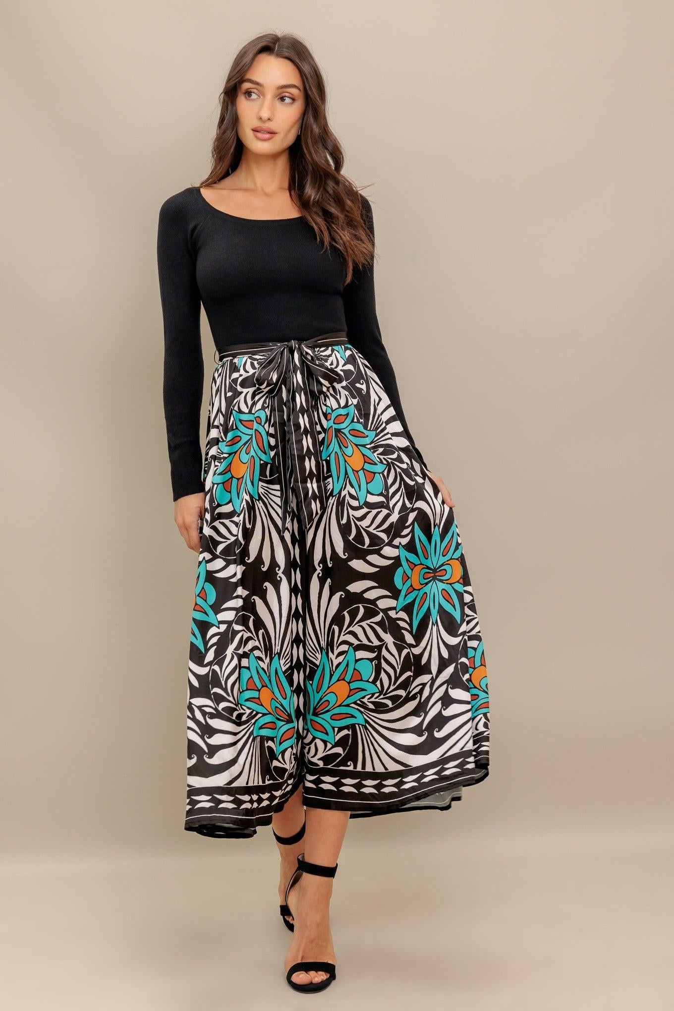 Sunburst Garden Black Midi Dress, view 1 — Soul Flow Apparel
