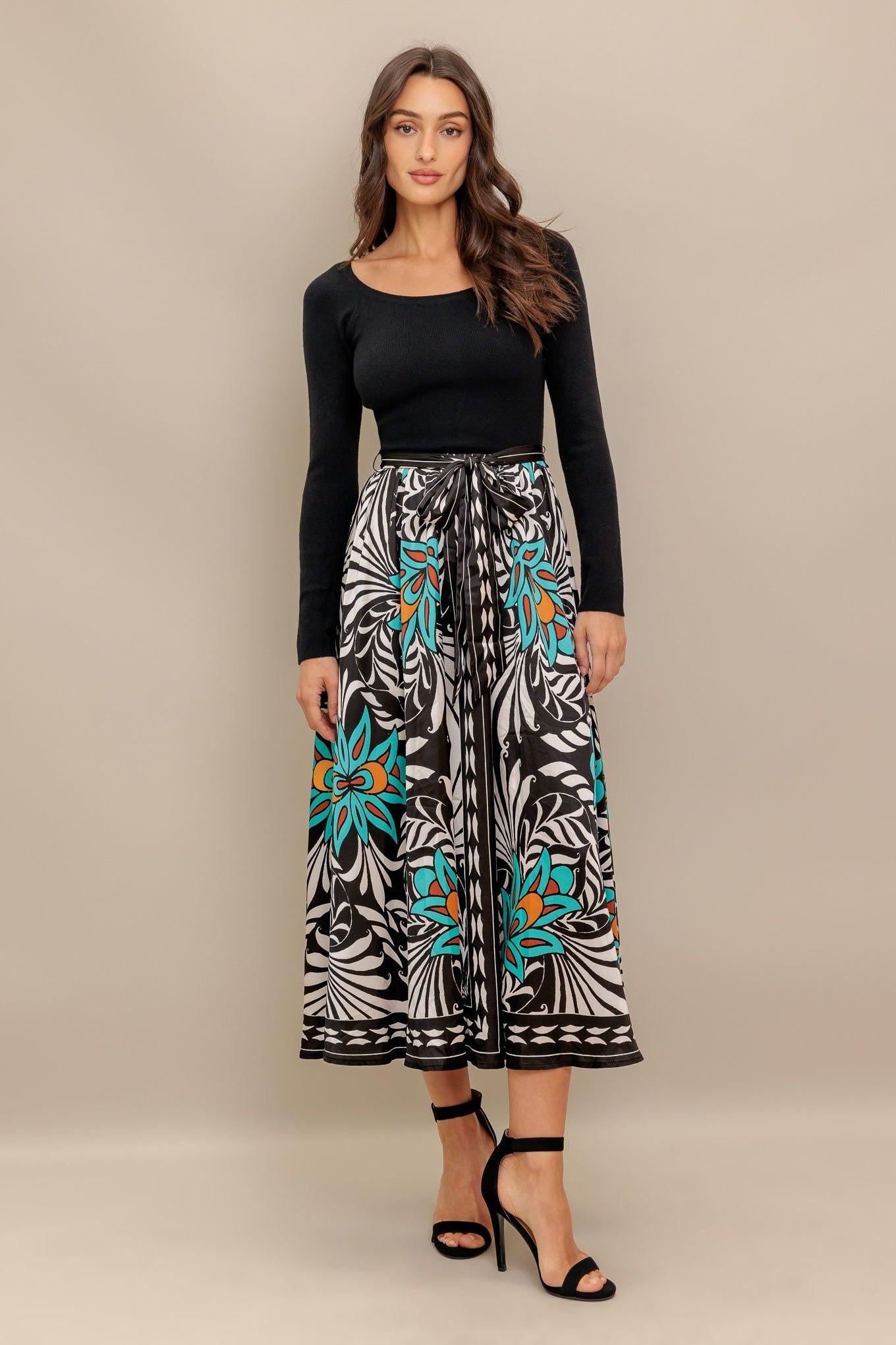 Sunburst Garden Black Midi Dress, view 2 — Soul Flow Apparel