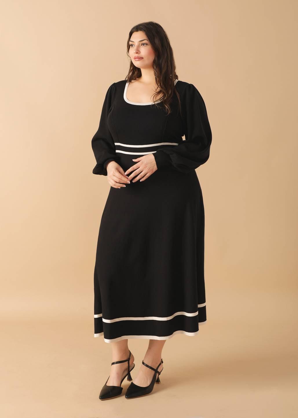 Caught Up Sweater Midi Dress in black ivory, view 3 — Soul Flow Apparel