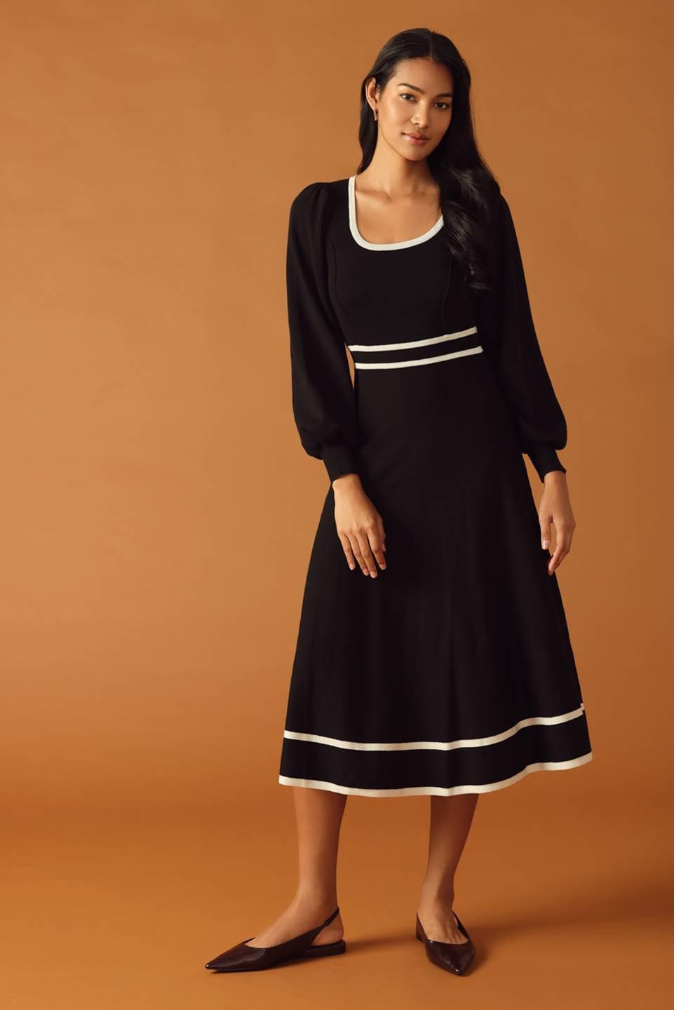 Caught Up Sweater Midi Dress in black ivory, view 1 — Soul Flow Apparel