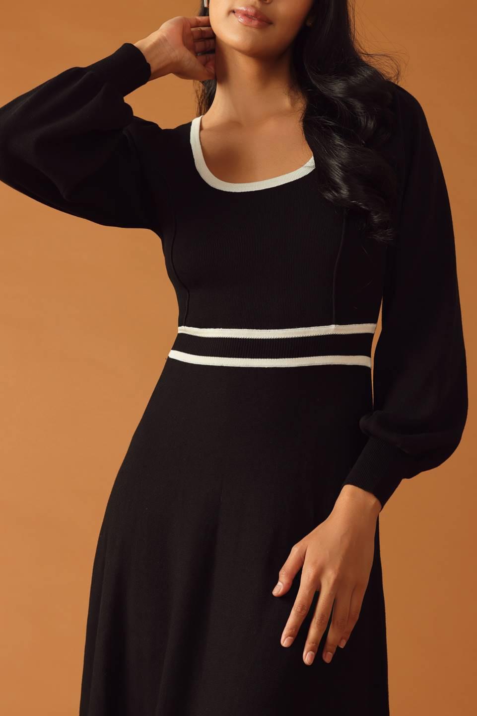 Caught Up Sweater Midi Dress in black ivory, view 2 — Soul Flow Apparel