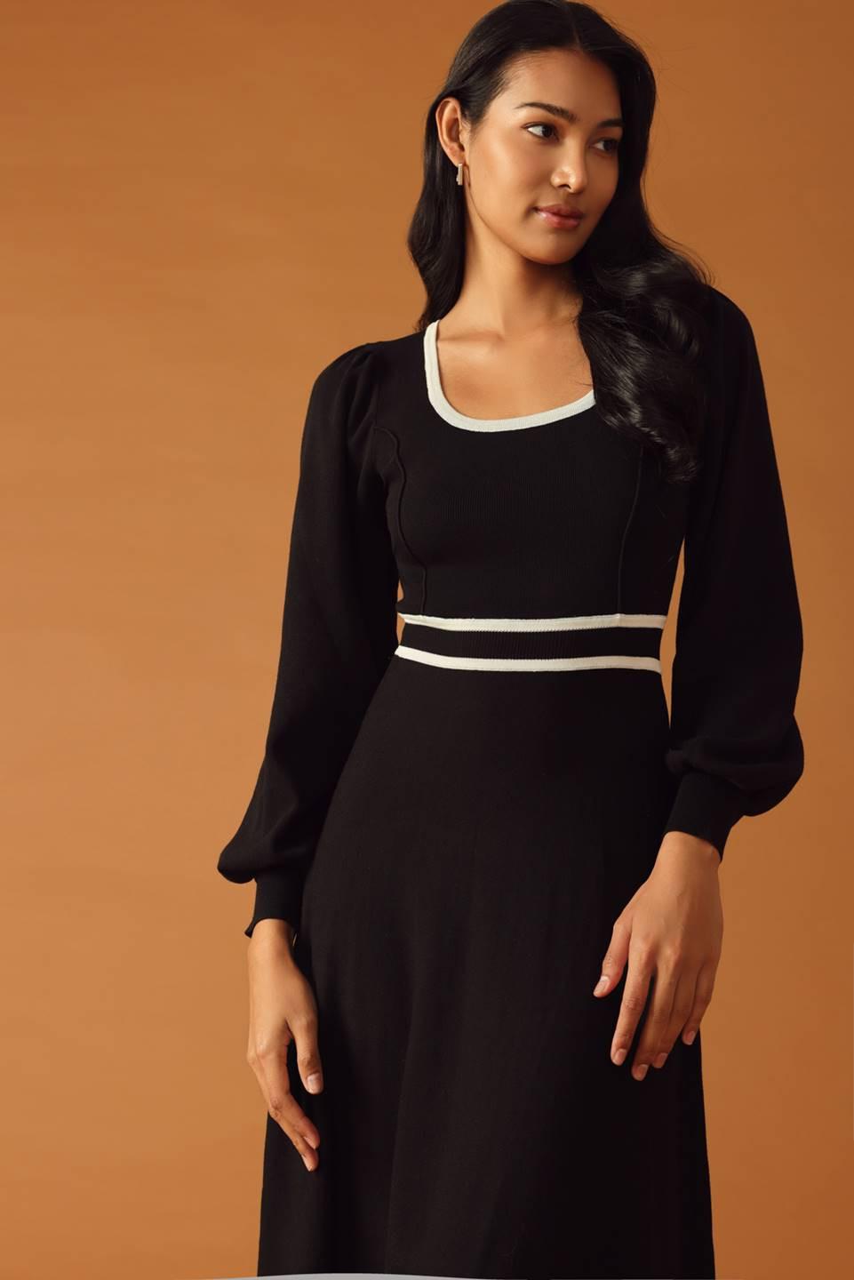 Caught Up Sweater Midi Dress in black ivory, view 3 — Soul Flow Apparel
