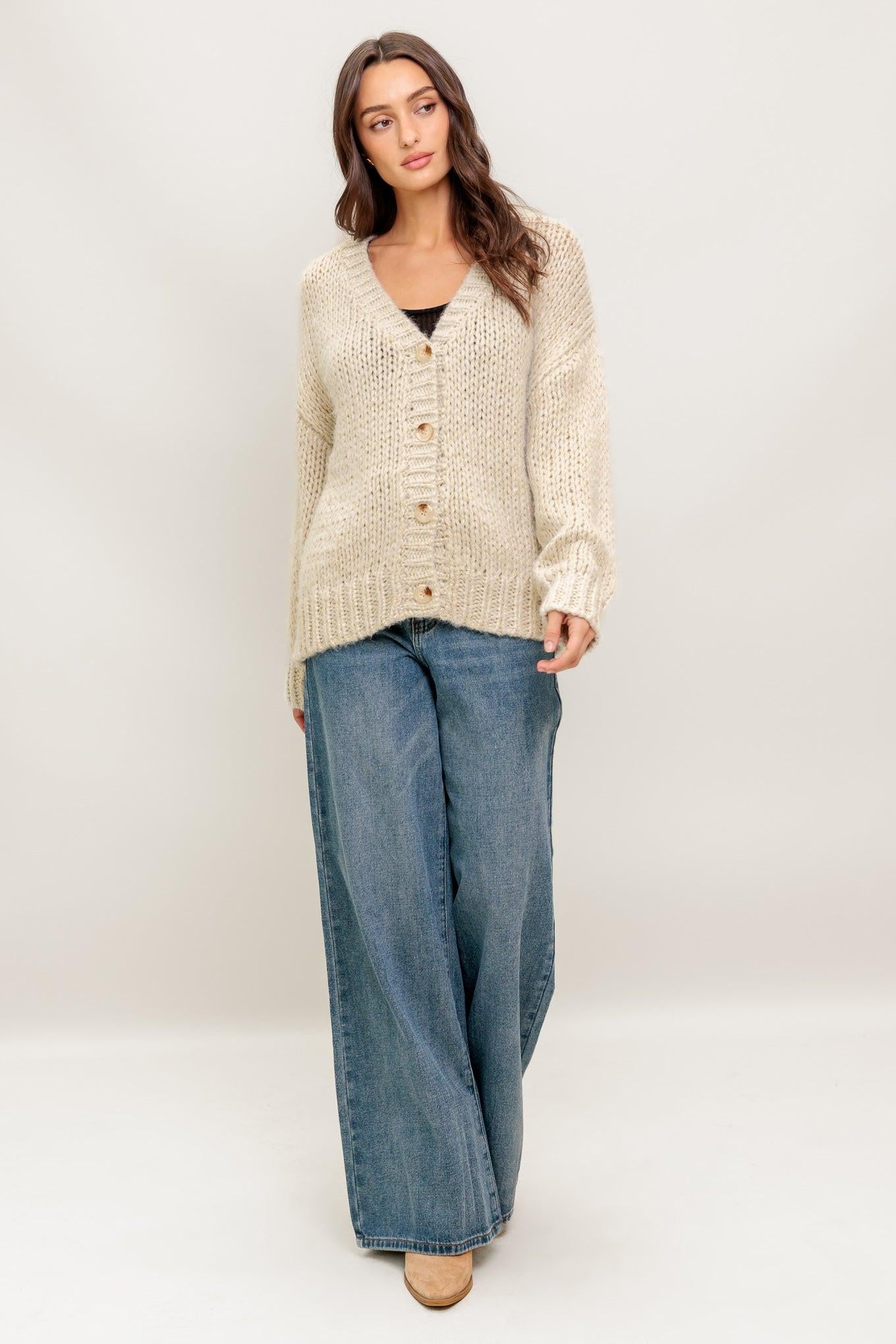Weekend Warmth Sweater Knit Cardigan in cream gold, view 1 — Soul Flow Apparel