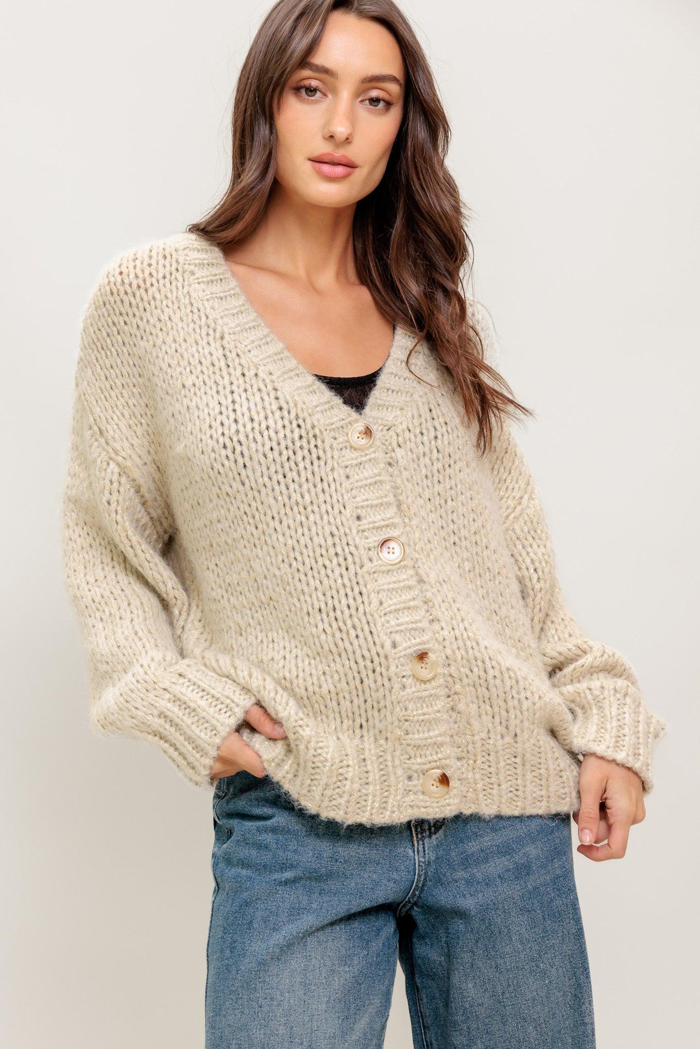 Weekend Warmth Sweater Knit Cardigan in cream gold, view 2 — Soul Flow Apparel