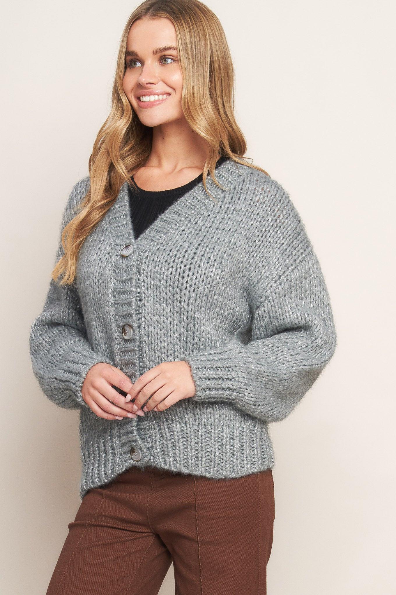 Weekend Warmth Sweater Knit Cardigan in grey silver, view 2 — Soul Flow Apparel