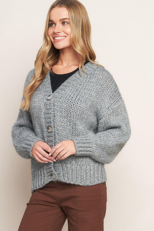 Weekend Warmth Sweater Knit Cardigan in grey silver, view 2 — Soul Flow Apparel