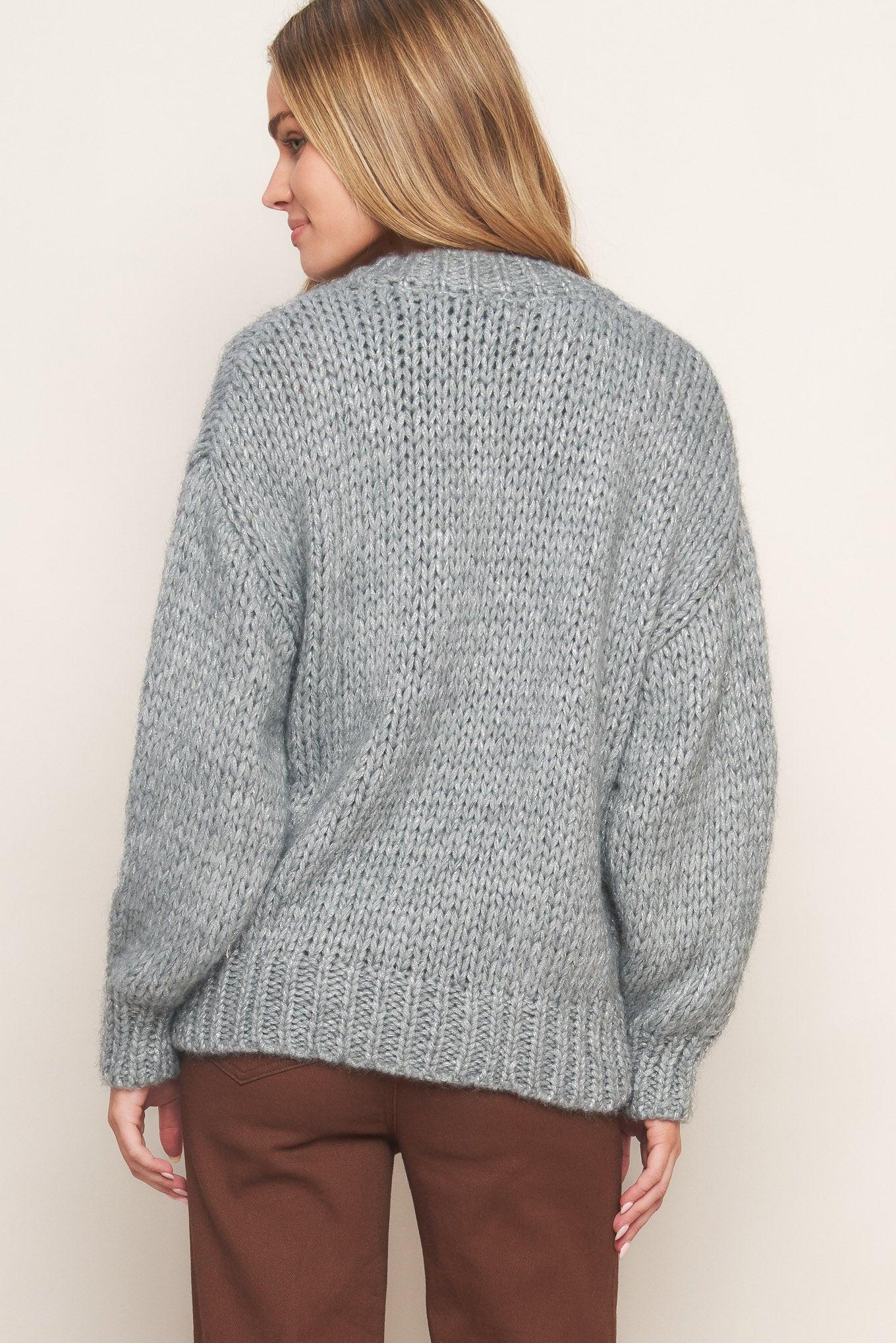 Weekend Warmth Sweater Knit Cardigan in grey silver, view 3 — Soul Flow Apparel
