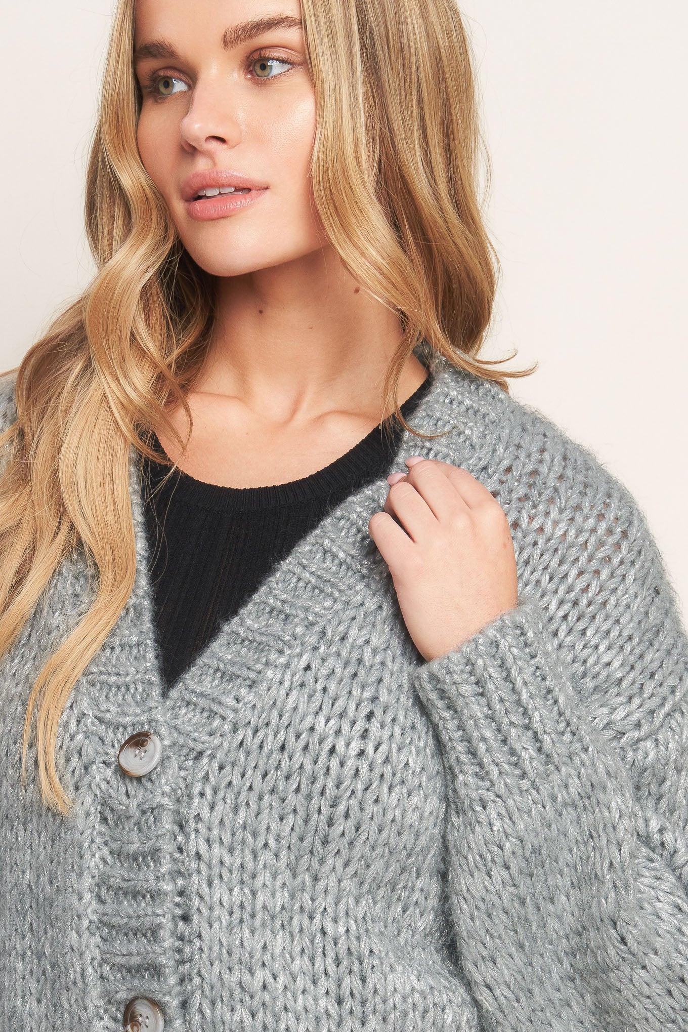 Weekend Warmth Sweater Knit Cardigan in grey silver, view 5 — Soul Flow Apparel