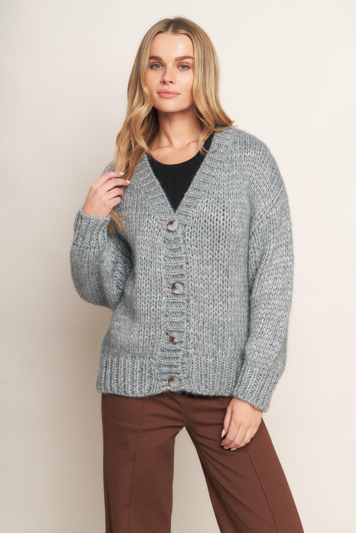 Weekend Warmth Sweater Knit Cardigan in grey silver, view 6 — Soul Flow Apparel