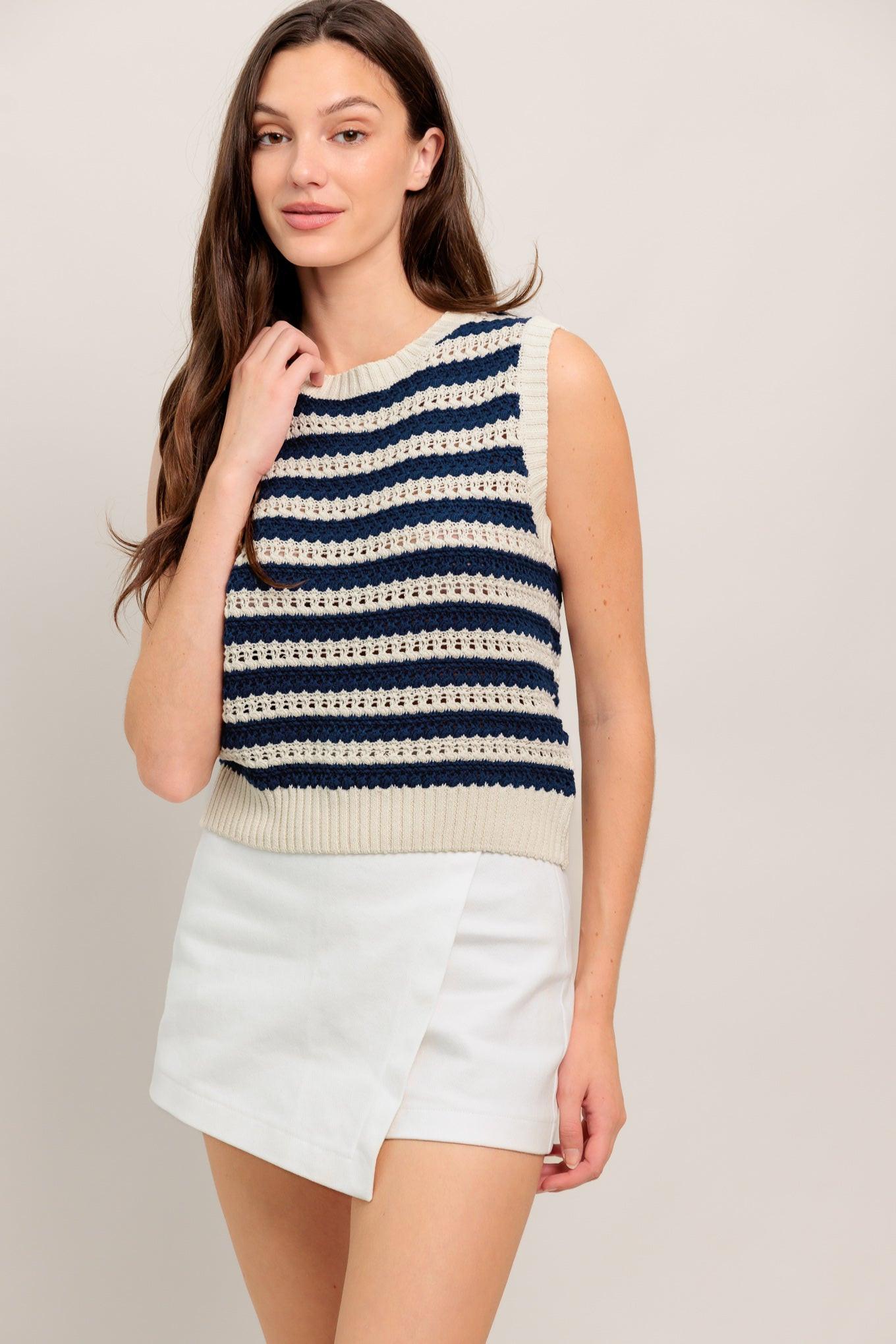 Clean Coast Knit Top in ivory navy, view 2 — Soul Flow Apparel