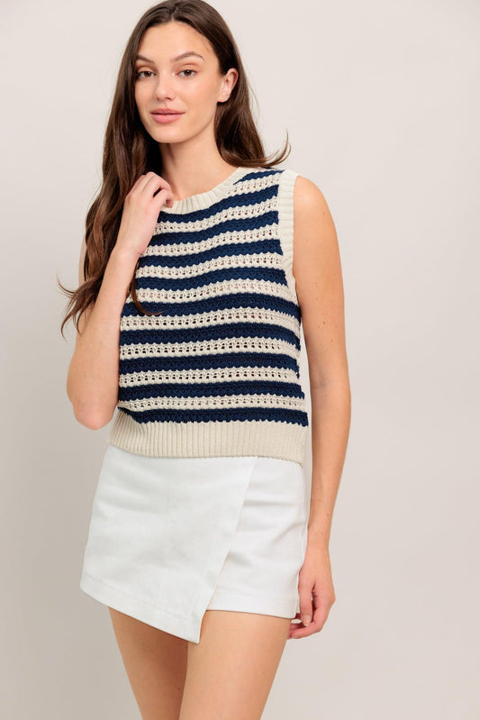 Clean Coast Knit Top in ivory navy, view 2 — Soul Flow Apparel
