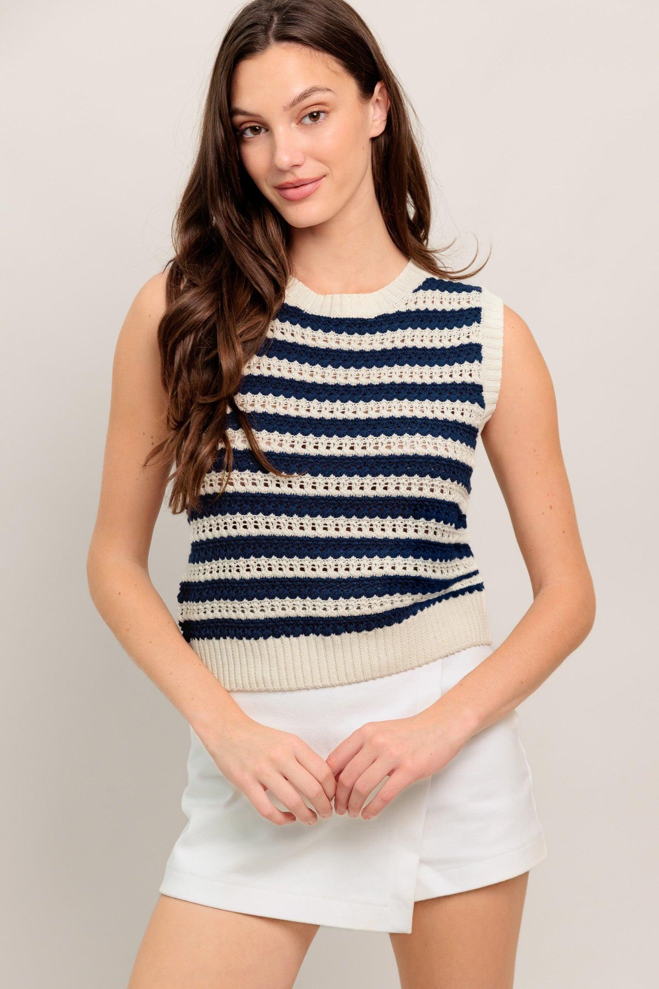 Clean Coast Knit Top in ivory navy, view 3 — Soul Flow Apparel