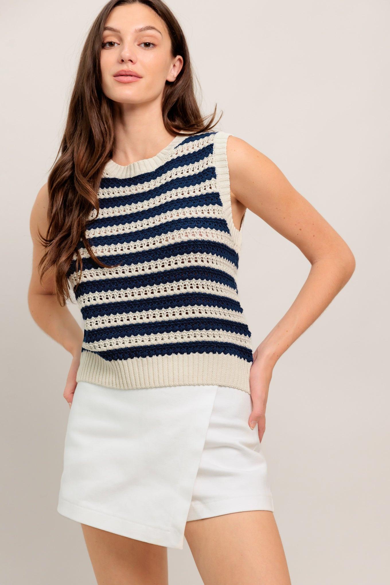 Clean Coast Knit Top in ivory navy, view 4 — Soul Flow Apparel