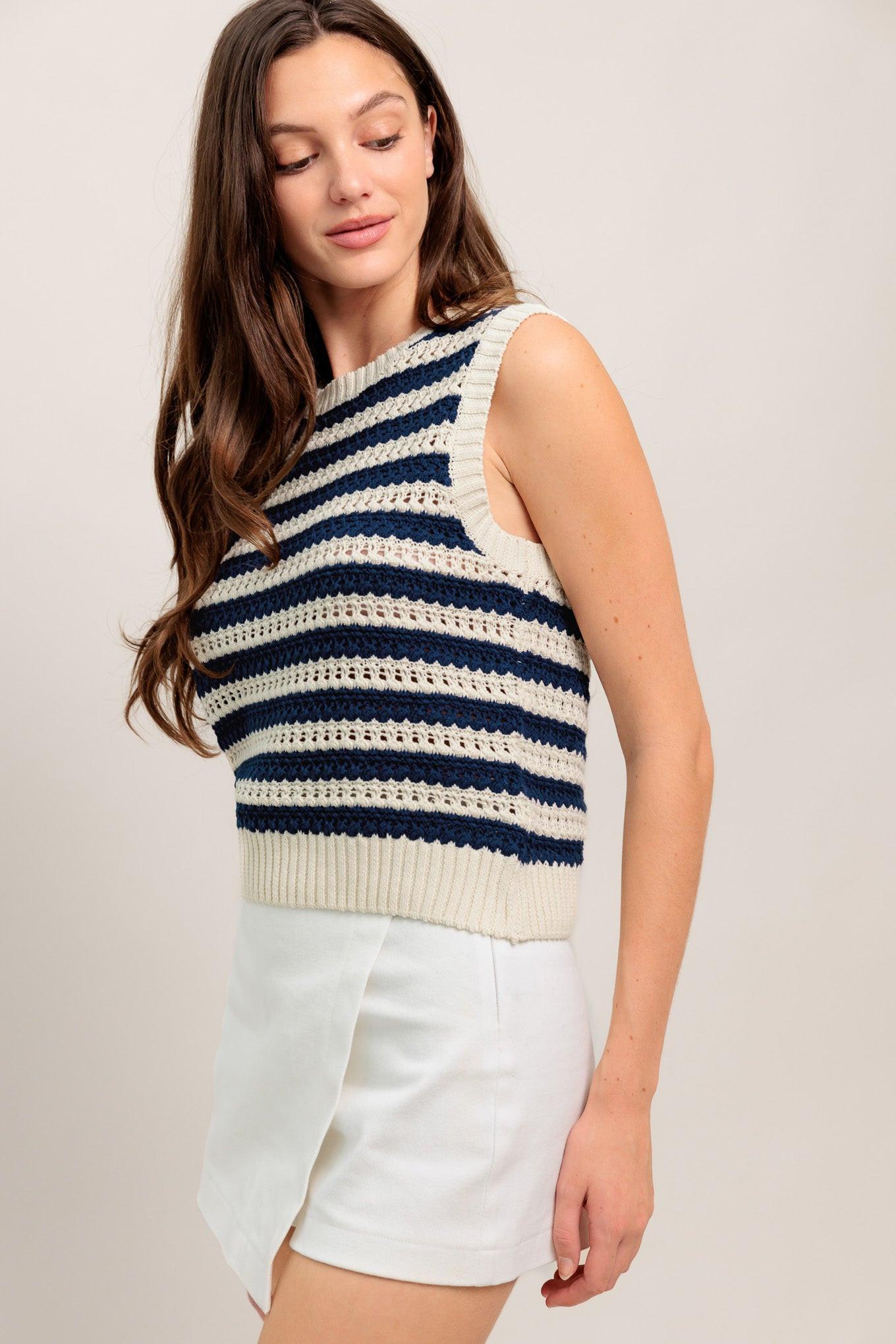 Clean Coast Knit Top in ivory navy, view 6 — Soul Flow Apparel