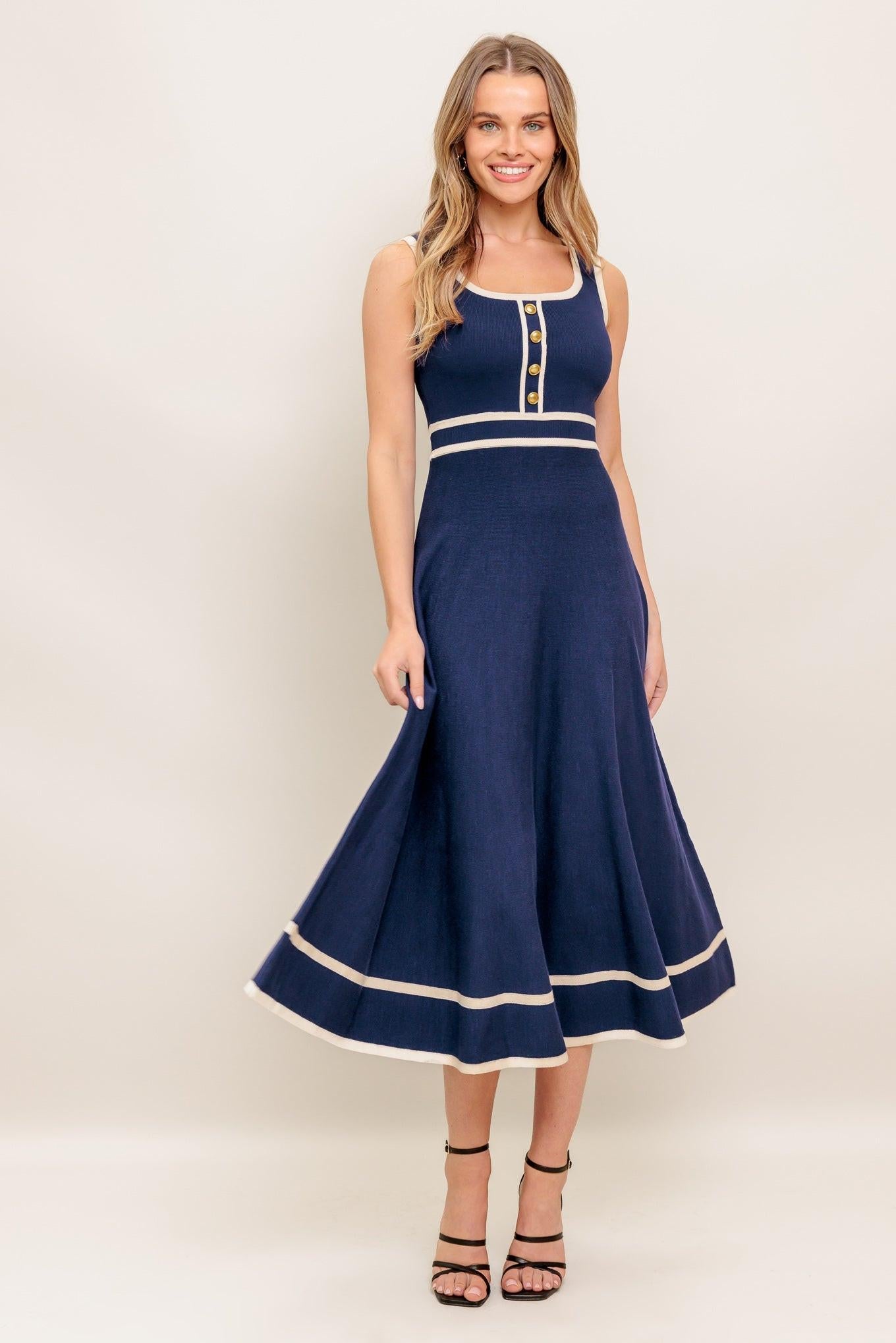 Dreamy Daisy Knit Midi Dress in navy ivory, view 1 — Soul Flow Apparel