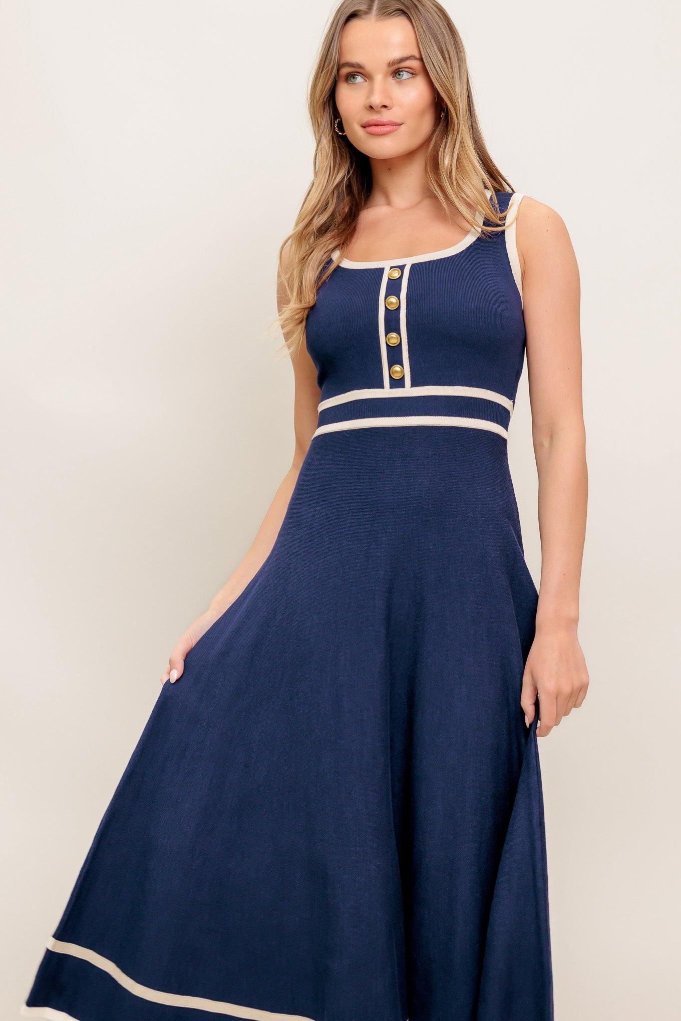 Dreamy Daisy Knit Midi Dress in navy ivory, view 2 — Soul Flow Apparel