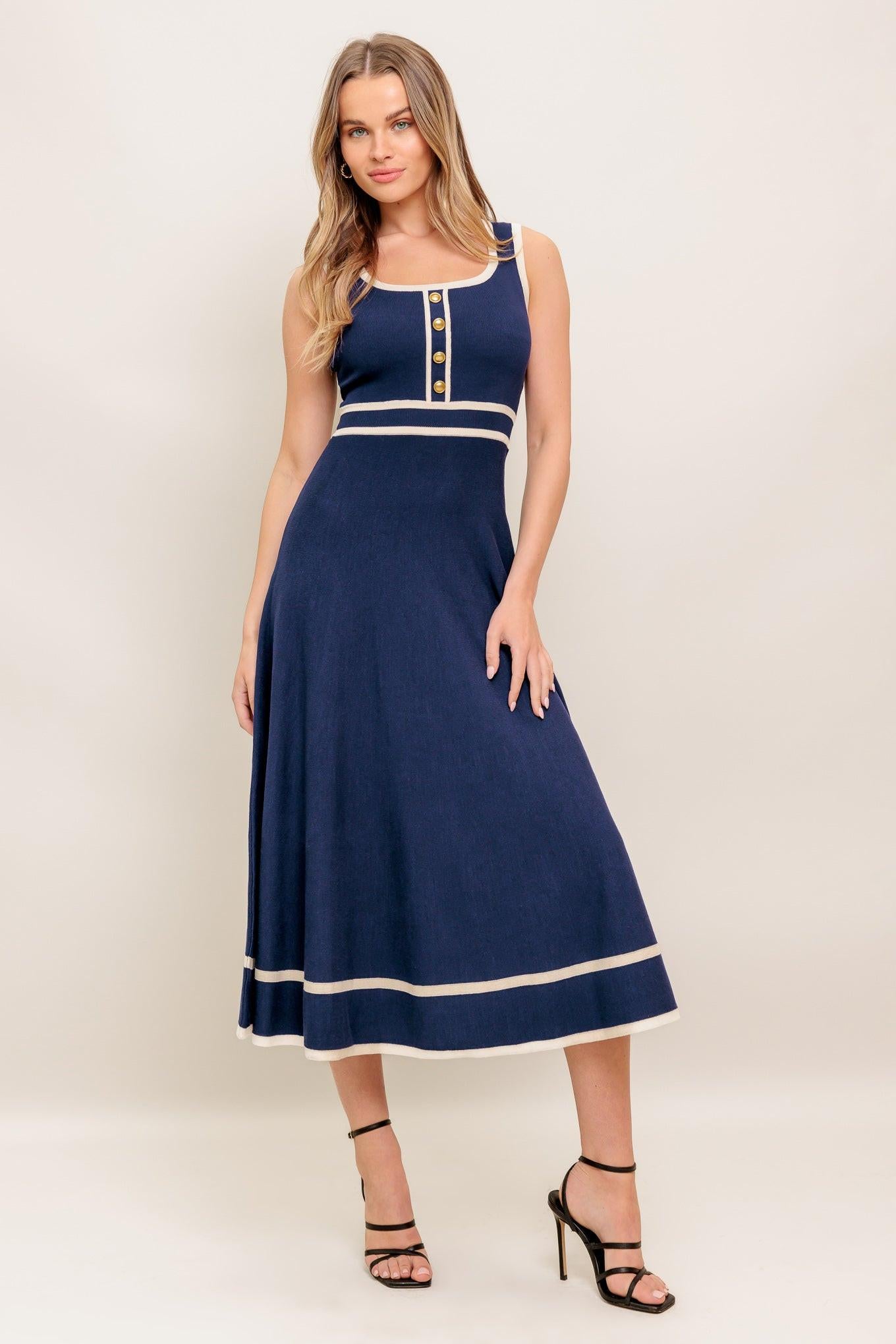 Dreamy Daisy Knit Midi Dress in navy ivory, view 3 — Soul Flow Apparel
