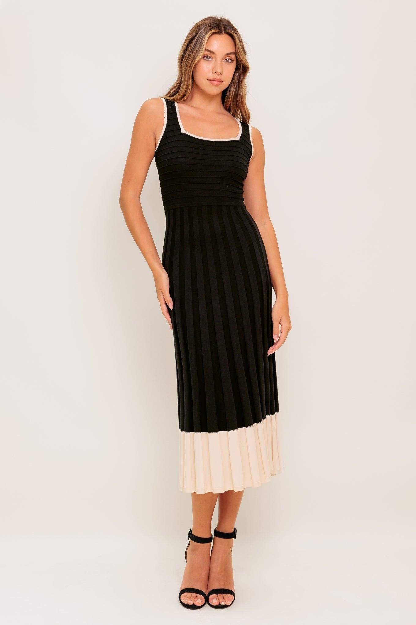 Modern Muse Knit Midi Dress in black cream, view 1 — Soul Flow Apparel