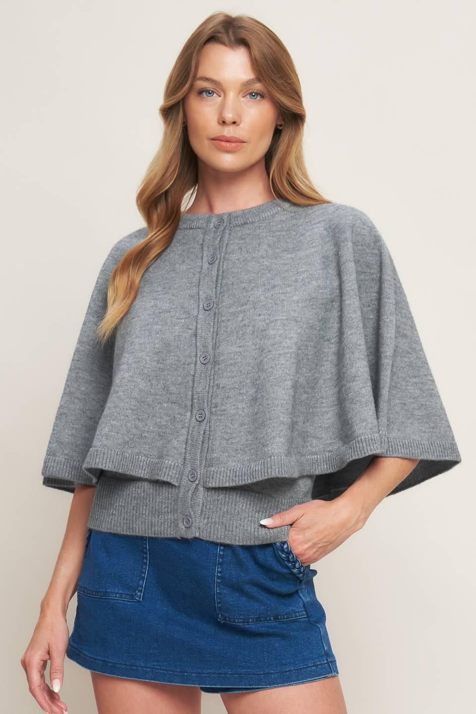 Misty Shawl Capelet Sweater in heathergrey, view 1 — Soul Flow Apparel
