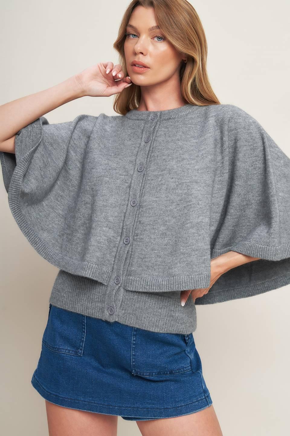 Misty Shawl Capelet Sweater in heathergrey, view 3 — Soul Flow Apparel