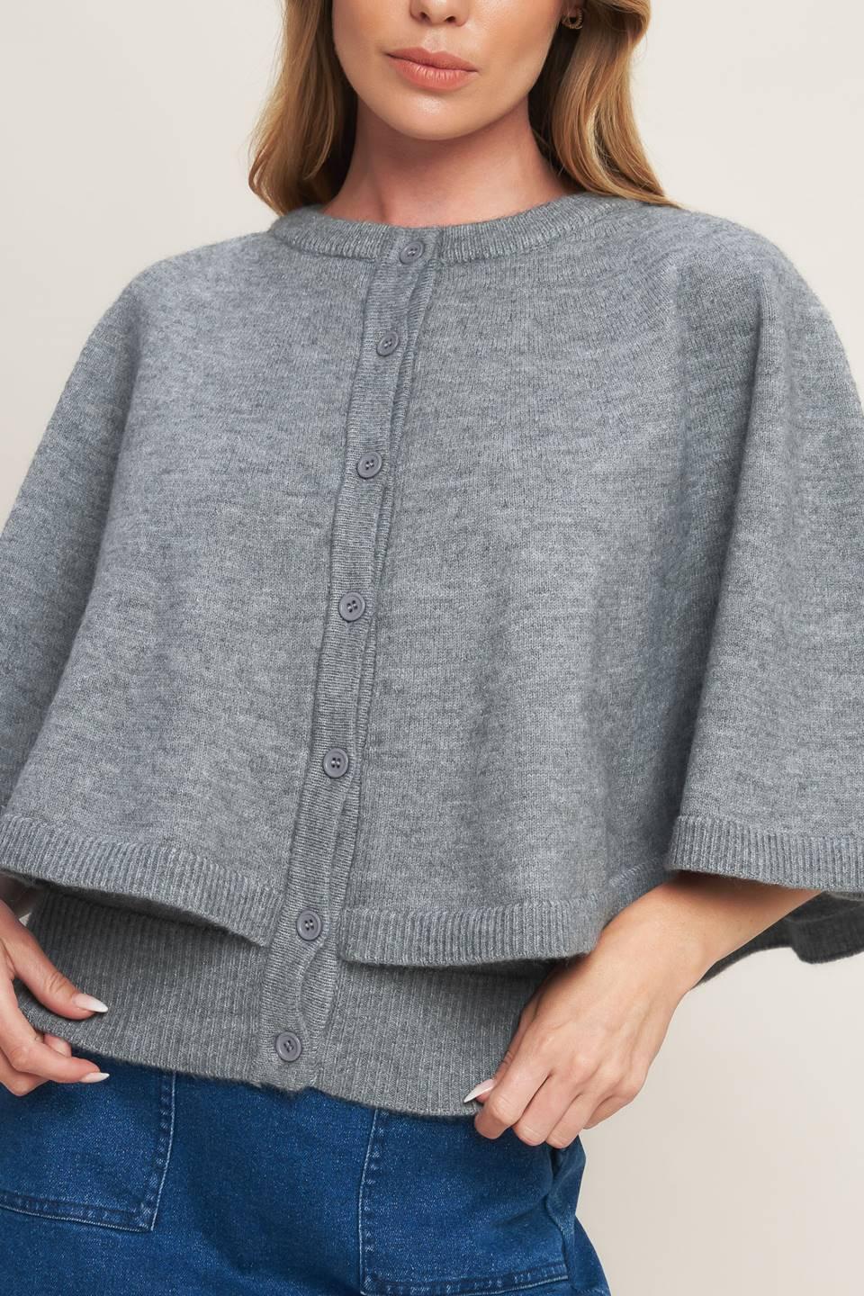 Misty Shawl Capelet Sweater in heathergrey, view 4 — Soul Flow Apparel