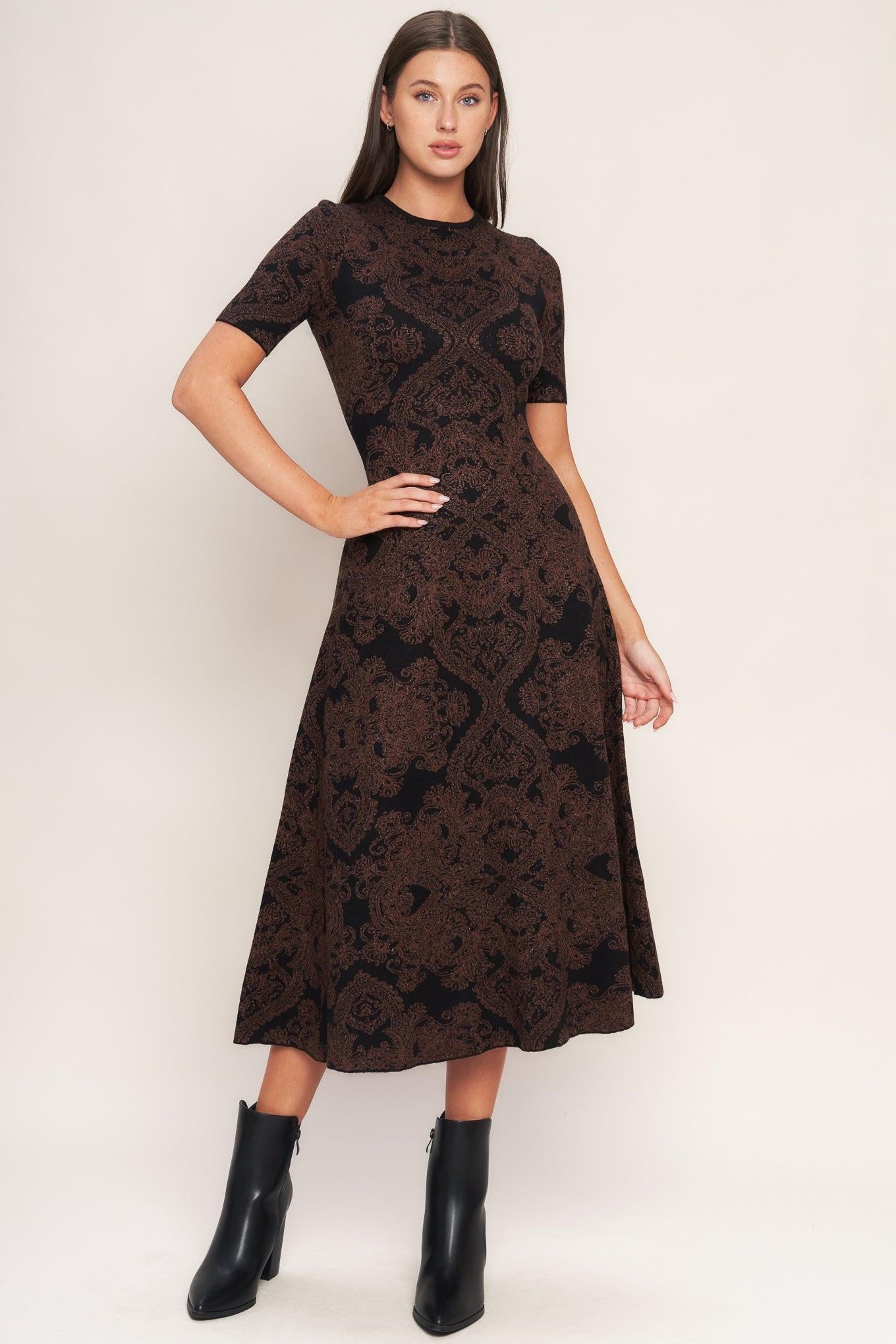 Gothic Muse Jacquard Sweater Midi Dress in black, view 1 — Soul Flow Apparel