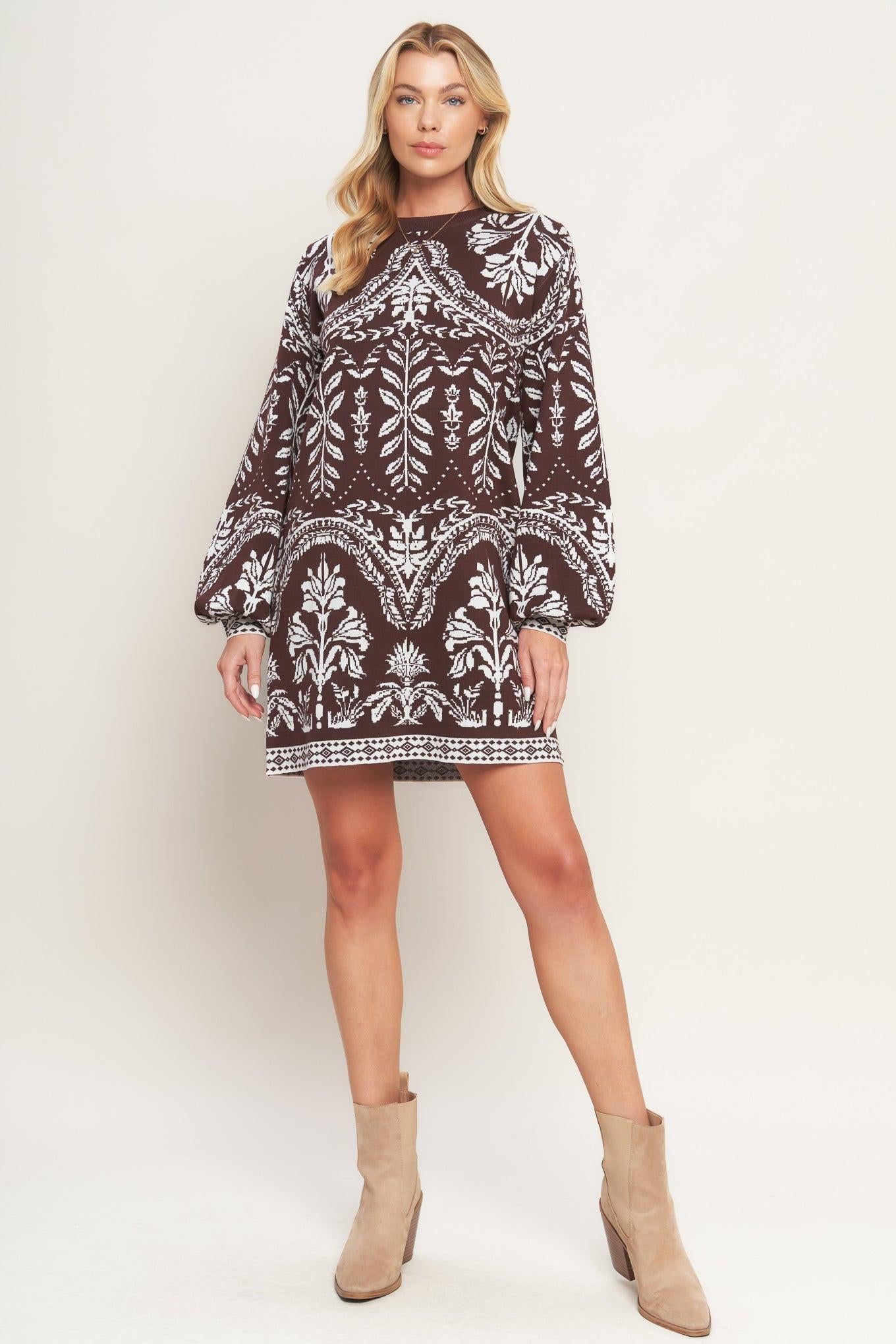 Terra Tapestry Sweater Knit Mini Dress in brown, view 2 — Soul Flow Apparel