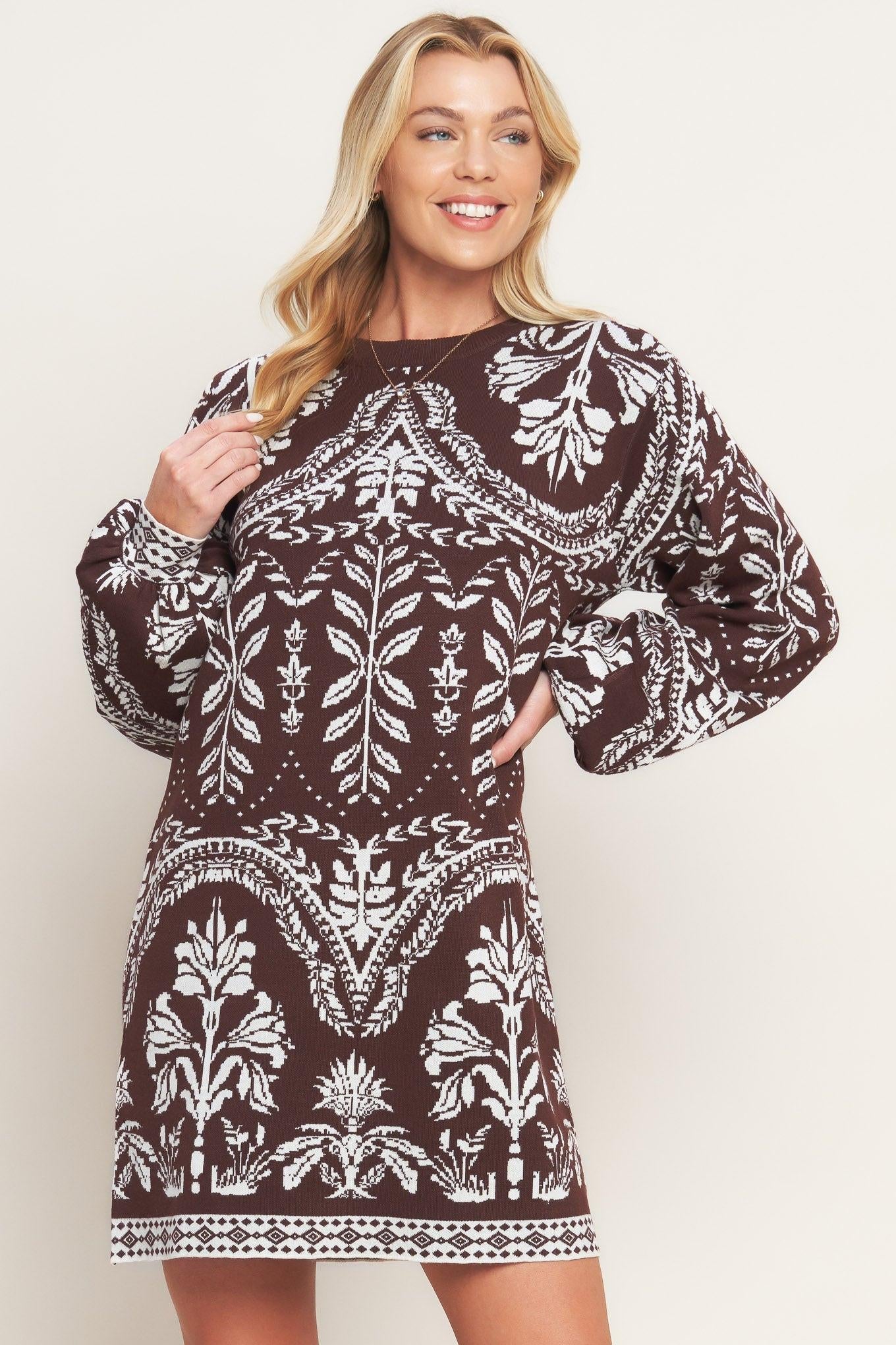 Terra Tapestry Sweater Knit Mini Dress in brown, view 4 — Soul Flow Apparel