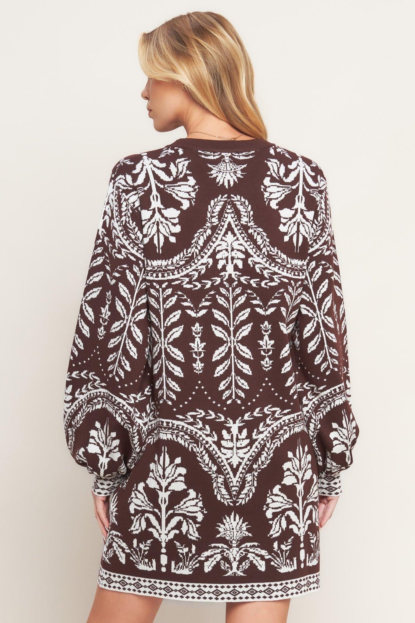 Terra Tapestry Sweater Knit Mini Dress in brown, view 5 — Soul Flow Apparel