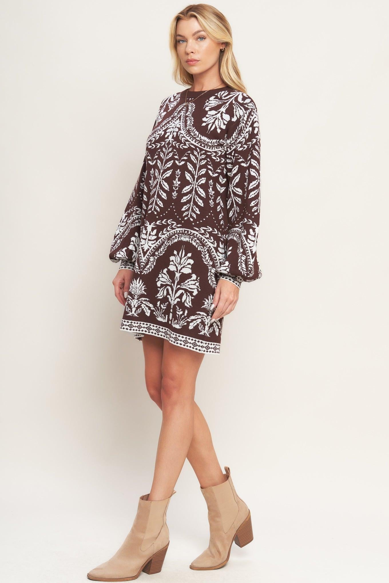 Terra Tapestry Sweater Knit Mini Dress in brown, view 6 — Soul Flow Apparel