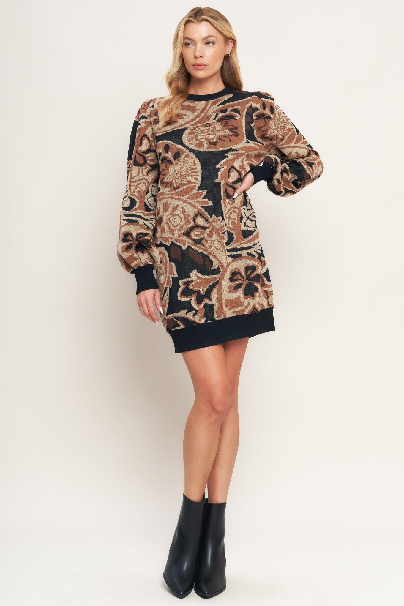 Baroque Havana Sweater Knit Mini Dress in brown black, view 1 — Soul Flow Apparel