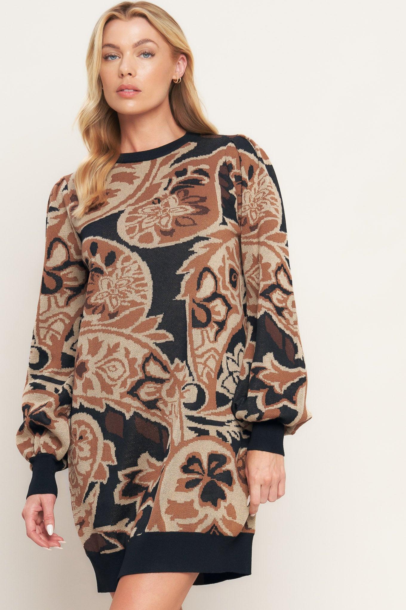 Baroque Havana Sweater Knit Mini Dress in brown black, view 2 — Soul Flow Apparel