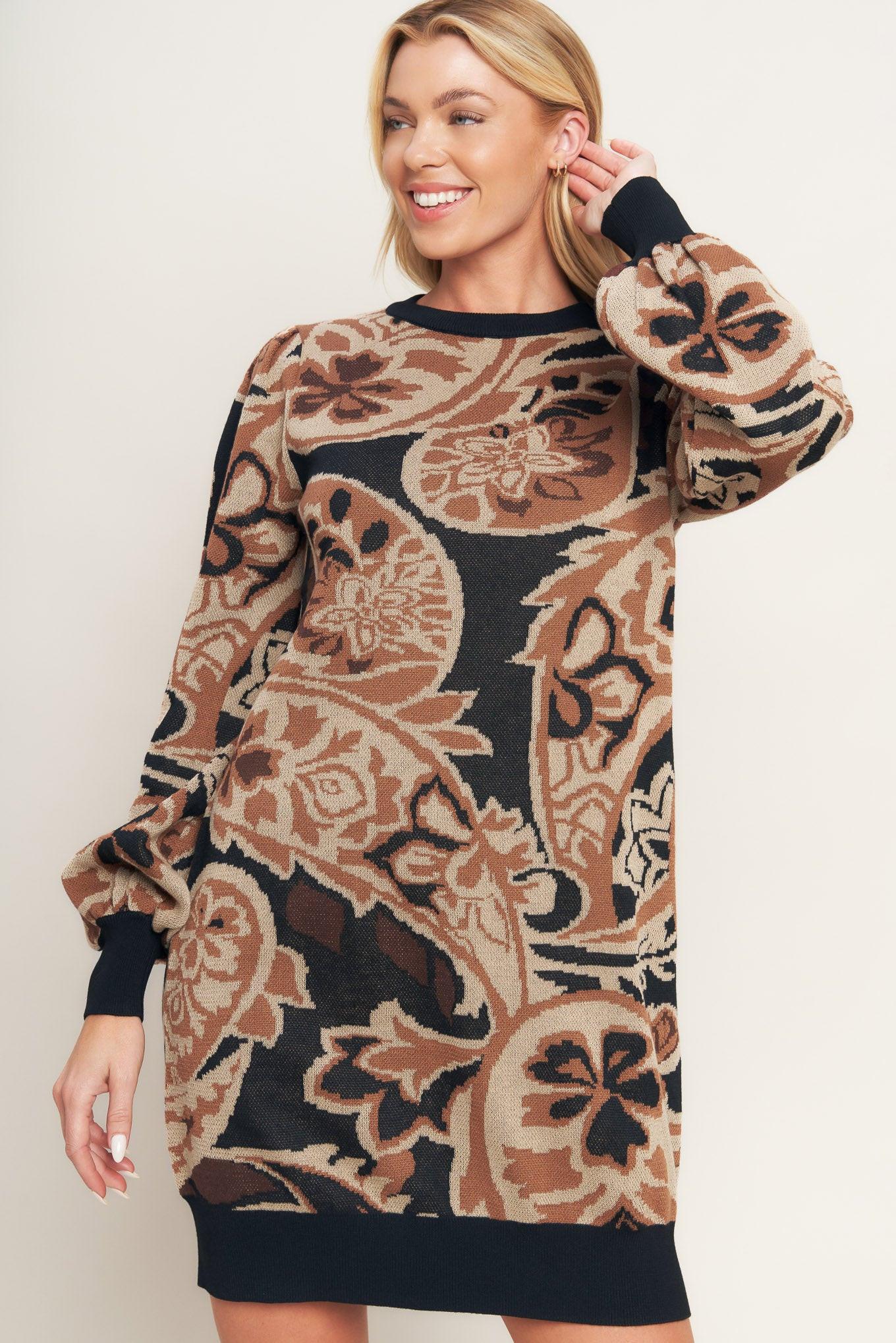 Baroque Havana Sweater Knit Mini Dress in brown black, view 3 — Soul Flow Apparel