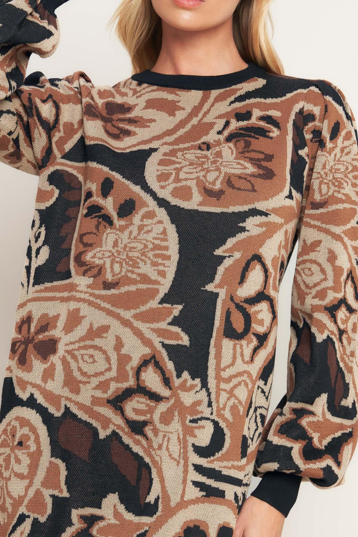 Baroque Havana Sweater Knit Mini Dress in brown black, view 6 — Soul Flow Apparel