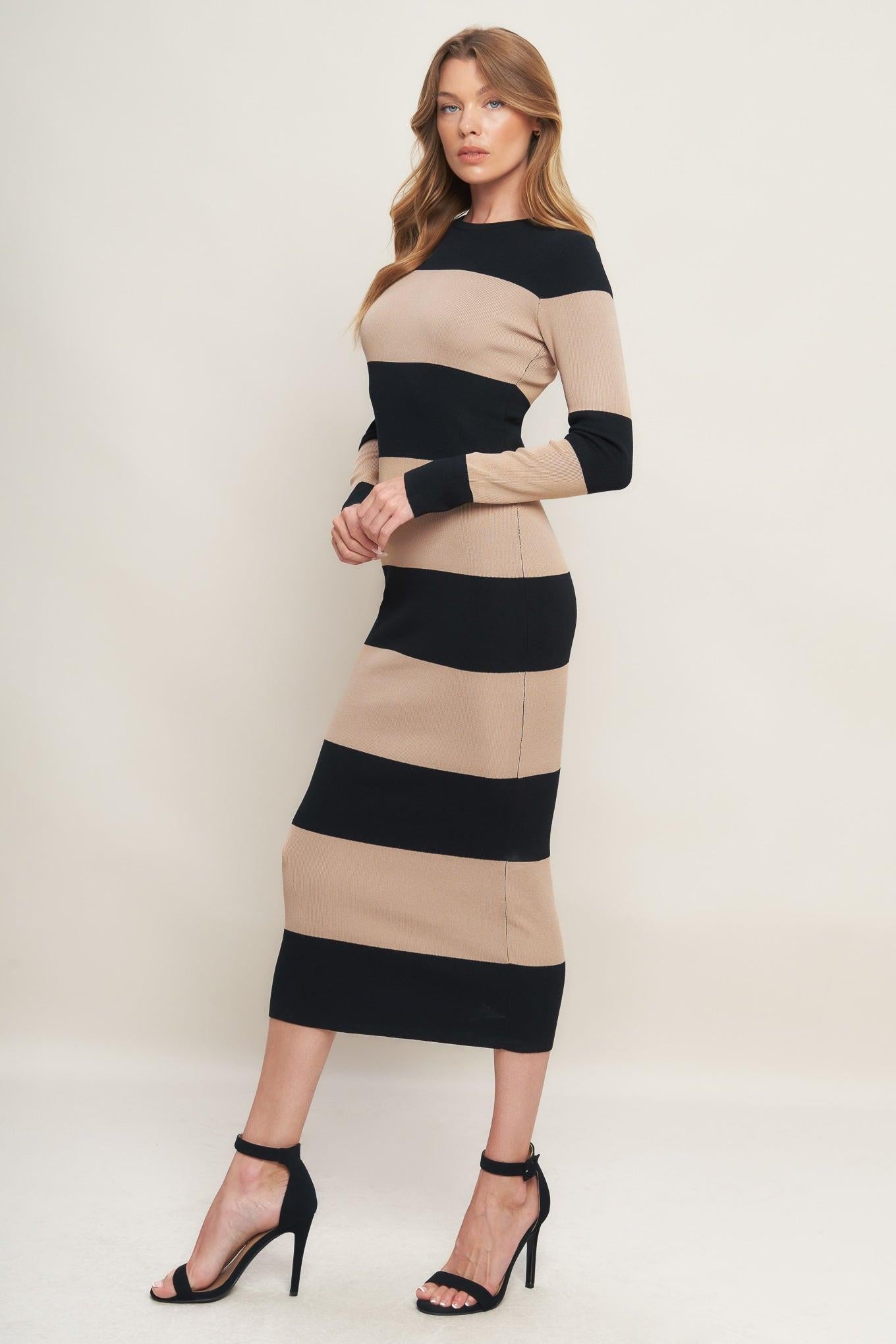 Modern Attitude Striip Sweater Midi Dress in black taupe, view 3 — Soul Flow Apparel