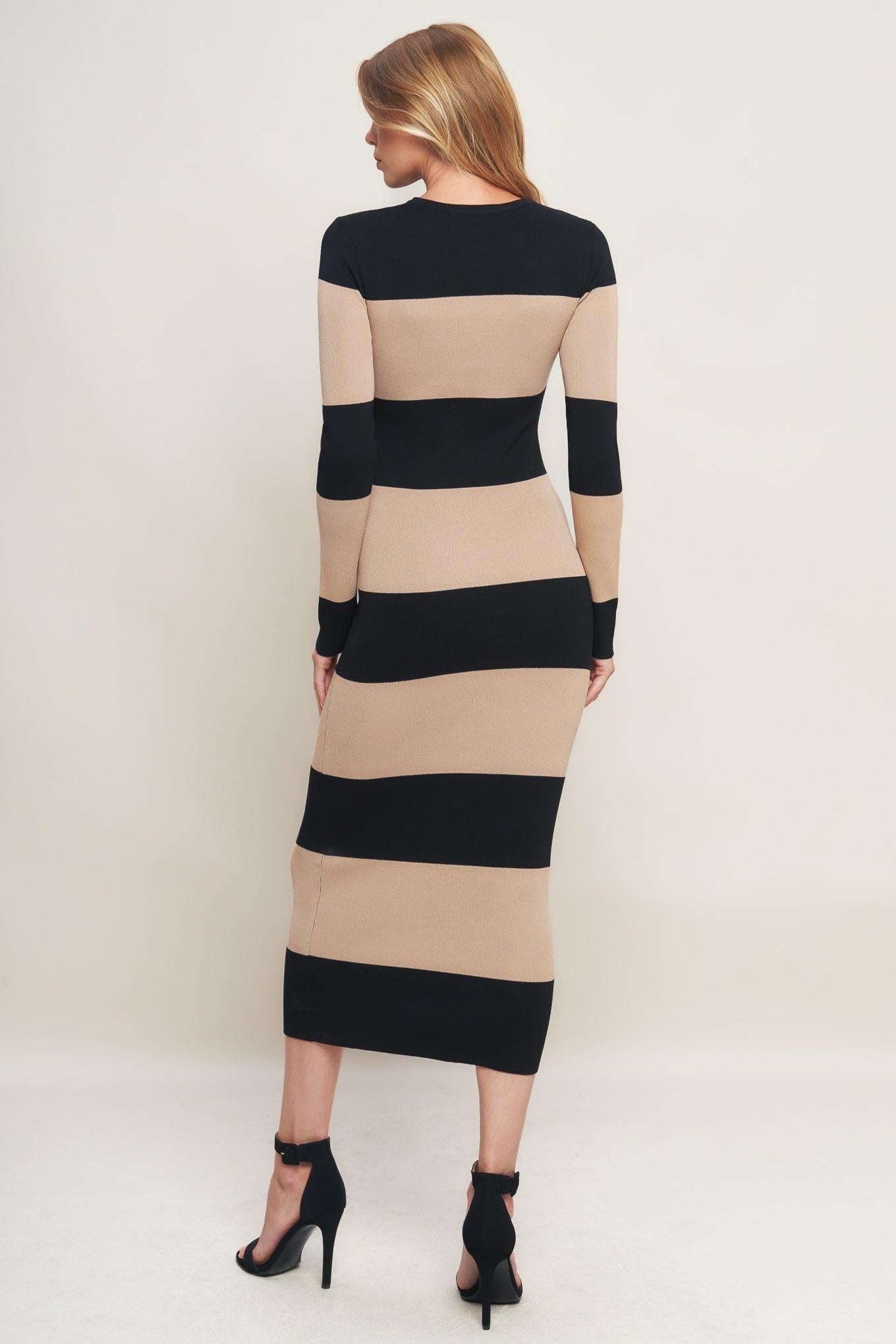 Modern Attitude Striip Sweater Midi Dress in black taupe, view 4 — Soul Flow Apparel