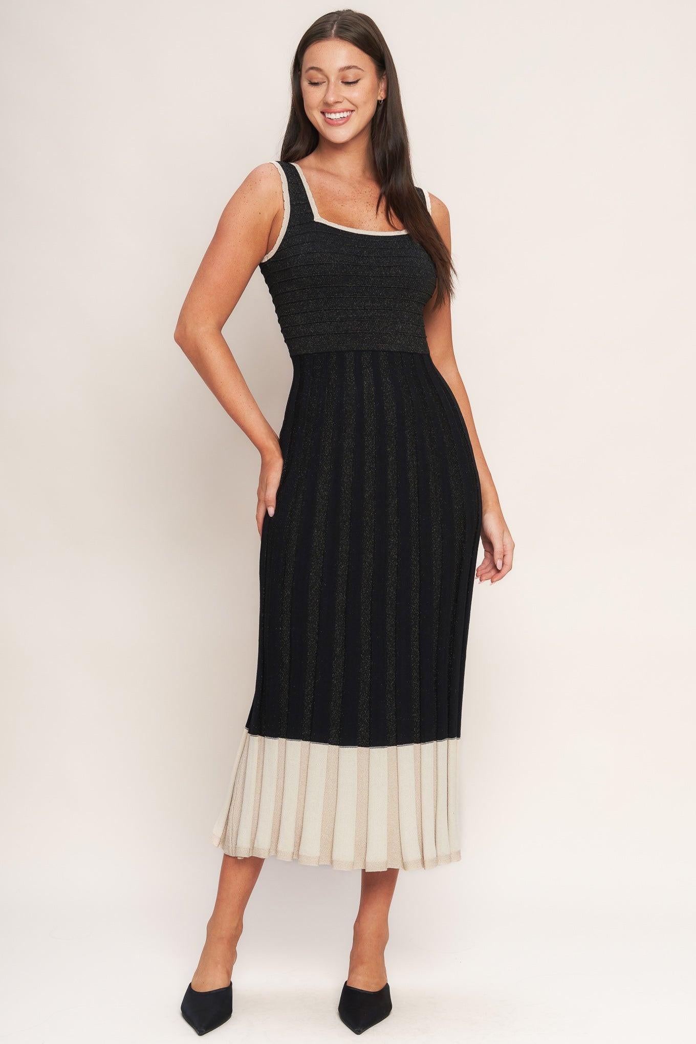 Noir Éclat Sweater Knit Midi Dress in black cream, view 1 — Soul Flow Apparel