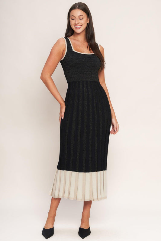 Noir Éclat Sweater Knit Midi Dress in black cream, view 1 — Soul Flow Apparel