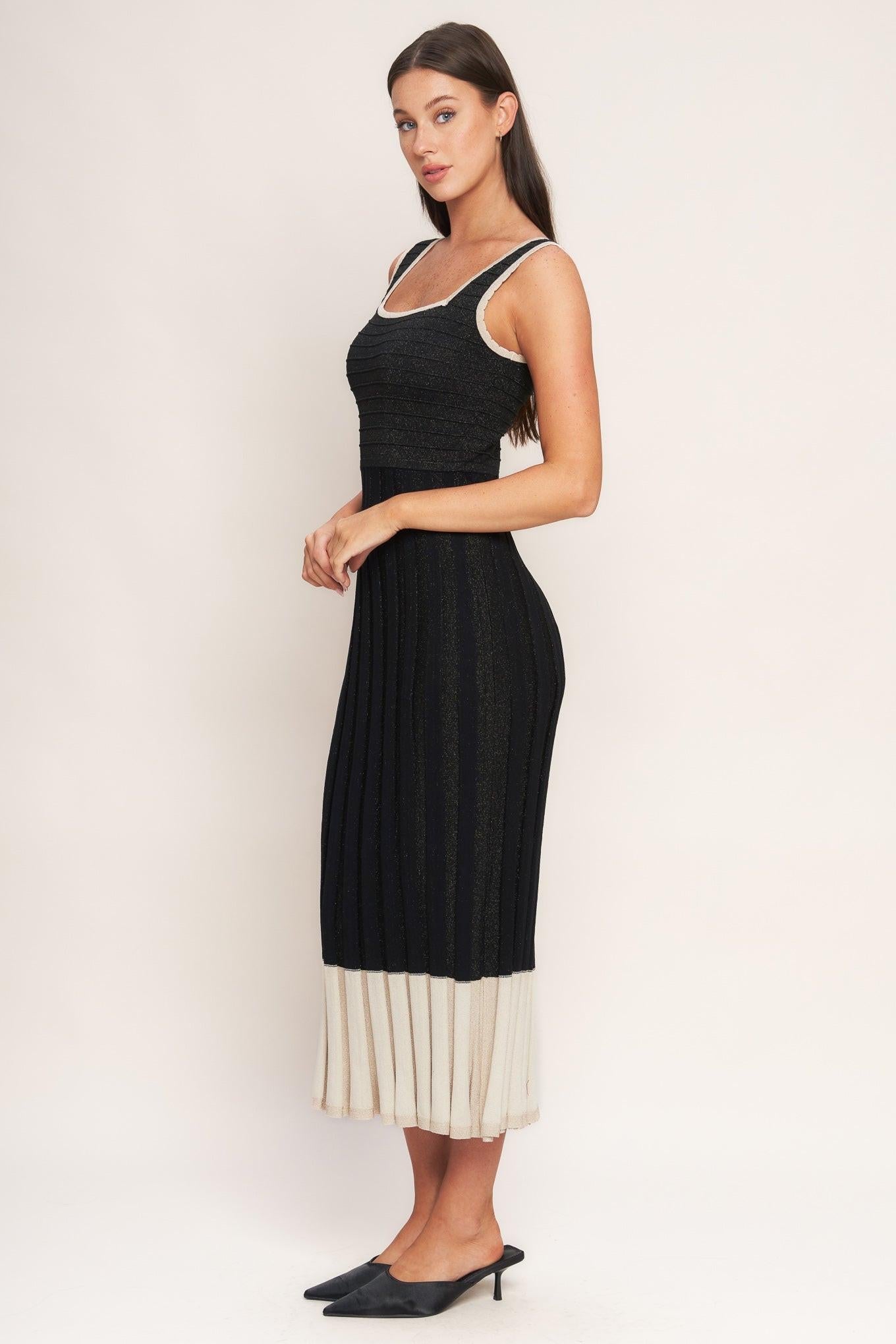 Noir Éclat Sweater Knit Midi Dress in black cream, view 3 — Soul Flow Apparel
