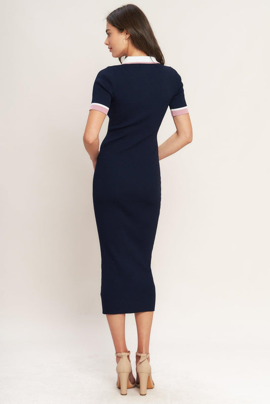 Heels-Ready Silhouette Knit Midi Dress in navy, view 4 — Soul Flow Apparel