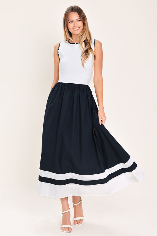 Everyday Elegance Woven Combination Midi Dress in white navy, view 1 — Soul Flow Apparel