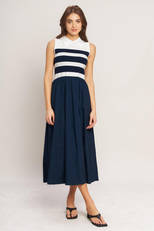 Stripe Elegance Sweater Woven Midi Dress in ivory navy, view 1 — Soul Flow Apparel
