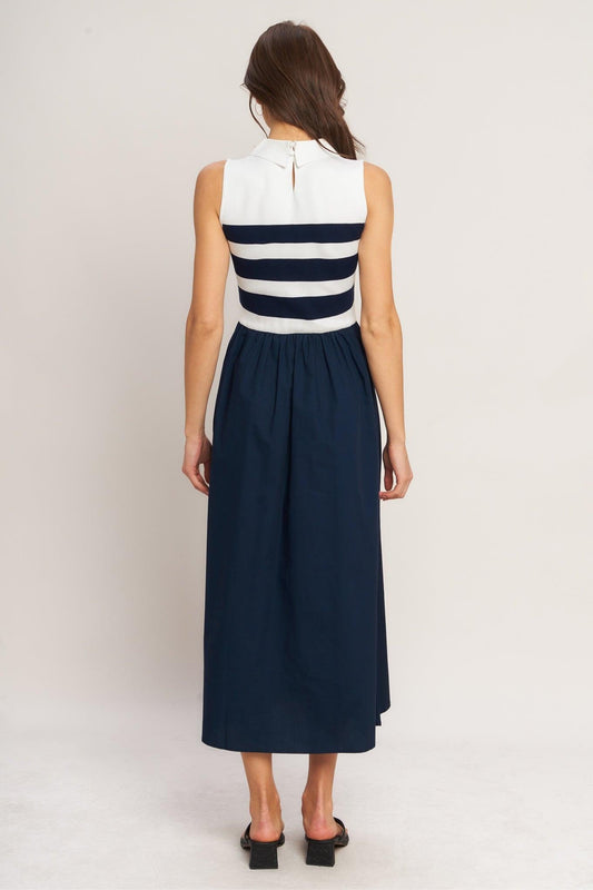 Stripe Elegance Sweater Woven Midi Dress in ivory navy, view 5 — Soul Flow Apparel
