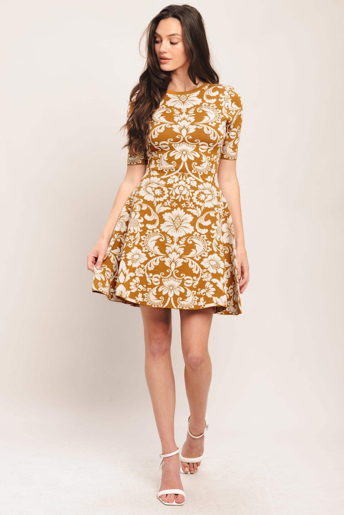 Amber Bloom Sweater Knit Mini Dress in ivory taupe, view 1 — Soul Flow Apparel