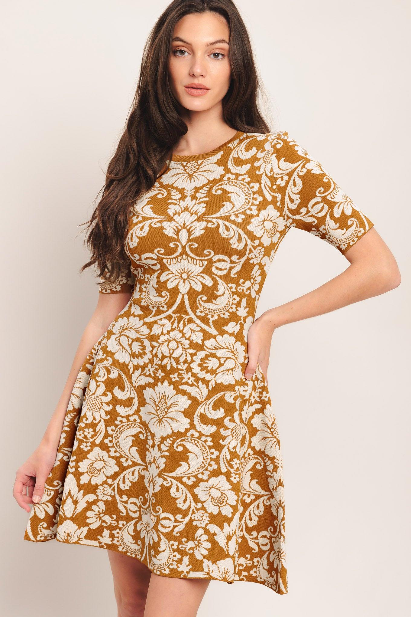 Amber Bloom Sweater Knit Mini Dress in ivory taupe, view 2 — Soul Flow Apparel